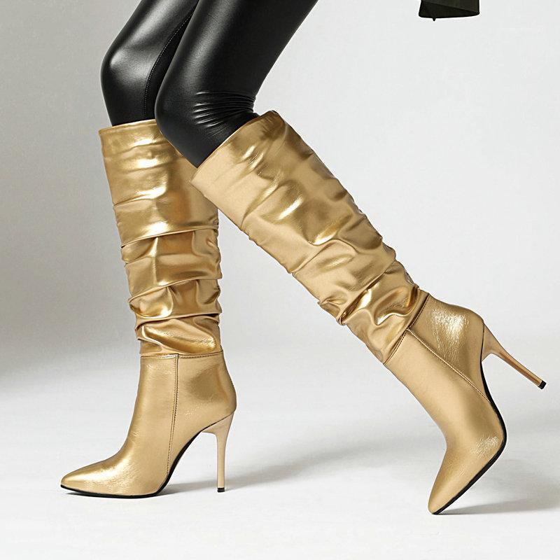 

Boots Winter Women Fashion Pleated Knee High Sexy Thin Heel Long Pointed Toe Woman Shoes1, Gold short plush