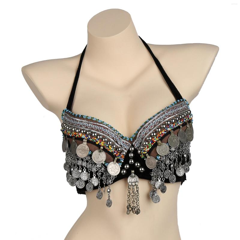

Stage Wear Tribal Belly Dance Clothes Coin Antique Silver Bra Metallic Chain Tassels Push Up B/C CUP Vintage Coins Top Gypsy, Picture shown