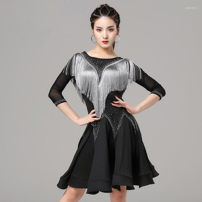 

Stage Wear One-Piece Latin Dance Dresses Women Salsa Samba Sling Stretchy Dress Half Sleeves Rhinestones Girls Fringes Costume Competition, Black