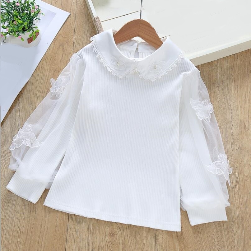 

Kids Shirts White Lace Puff Long Sleeve Girl Shirt Kids Tops Children Clothes Autumn Cotton Baby Toddler Teen Princess School Girls Blouse 230317, Design 7 white