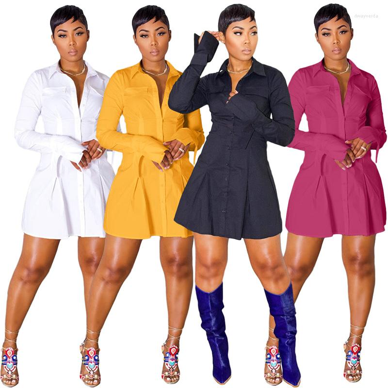 

Casual Dresses Women Solid Color Long Sleeve Shirt Collar Tight Lotus Leaf Dress Autumn Street Neutral Minimalist Playful, Black