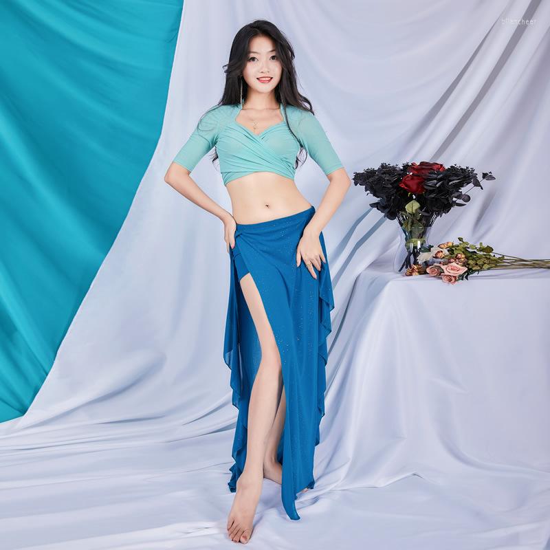 

Stage Wear Candy Colors Belly Dance Training Clothing Stretch Tie Skirt Set Class Bellydance Costume 2pcs Crop Top &, Turquoise top