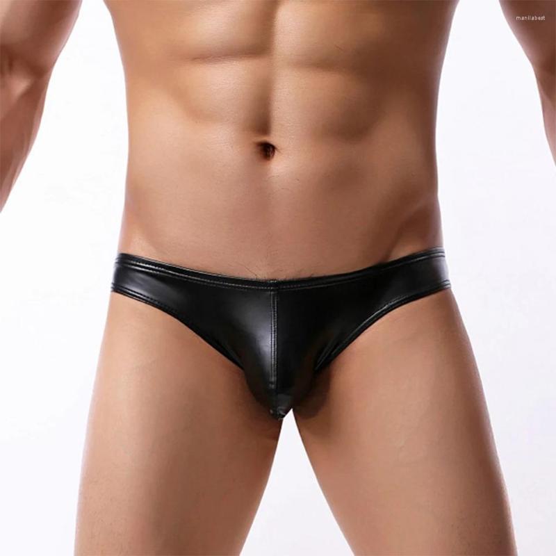 

Underpants Faux Leather Briefs For Men Wet Look Trunks Sexy Low Waist Bulge Pouch Underwear High Elastic Bikini Slip Homme, Black