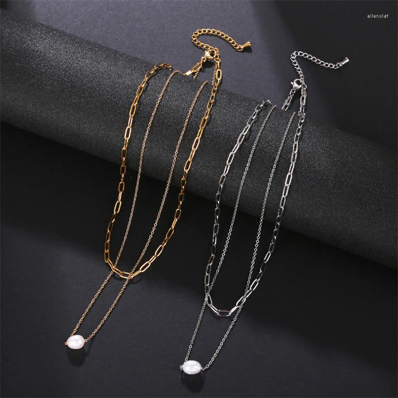 

Chains Jewelry Women's Exquisite Gift Double Layer Chain 18k Gold Plated Oval High Quality Freshwater Pearl Stainless Steel Necklace