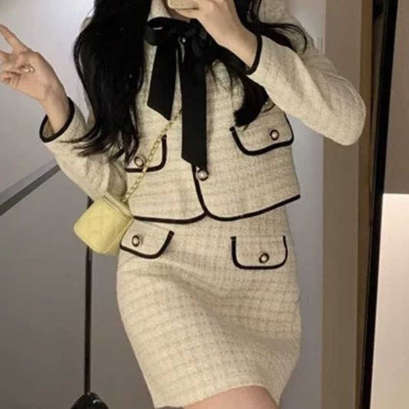 

Fashion womens suit designer set skirt autumn bowknot cardigan coat short skirts two-piece female D business G Set Skirt, Top+skirt 1