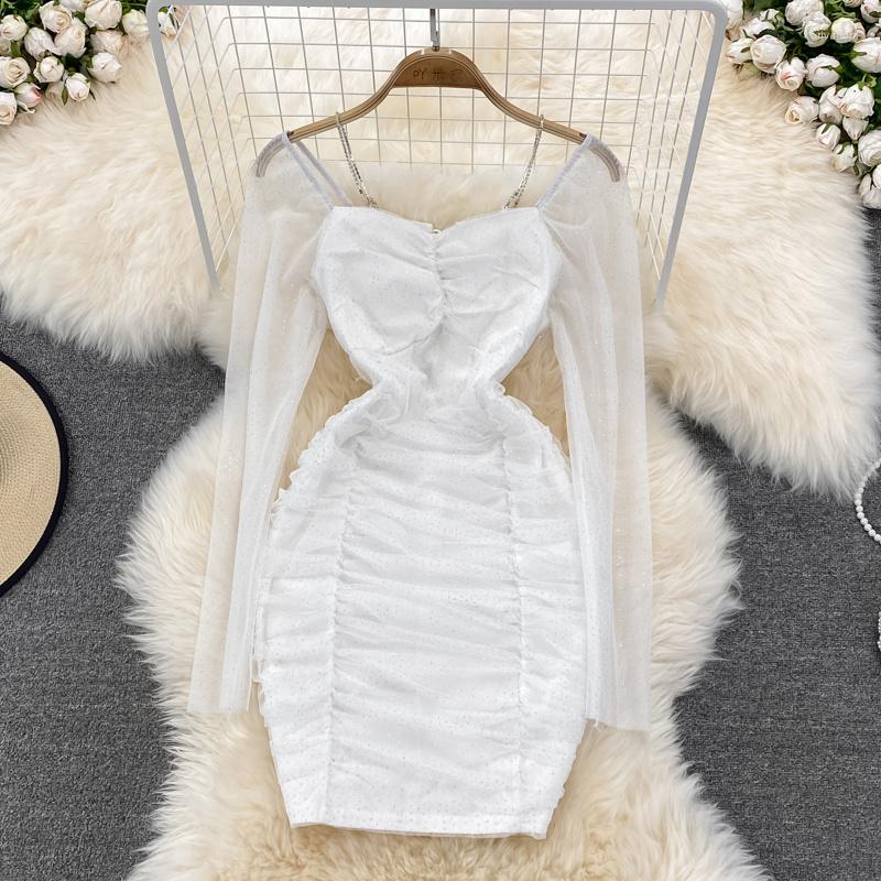 

Casual Dresses See Through Mesh Dot Print Long Sleeve Lace-up Back Ruched Mini Party Dress Sexy Rhinestone Chain Spaghetti Strap Bodycon, White