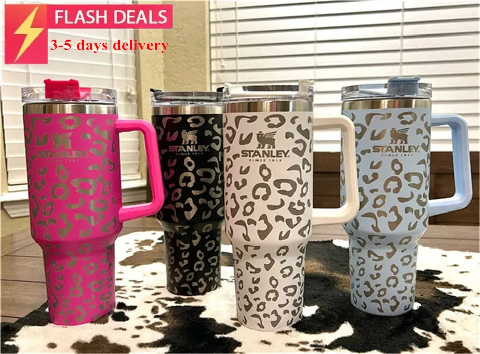 

Ready to ship new stanley quencher 40oz tumbler leopard print with New Logo handle lid straw beer mug water bottle powder coating outdoor camping cup