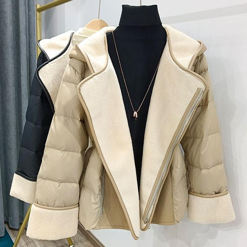 

Women's Jackets Fur One Hooded Jacket Women'S Autumn And Winter Korean Lambswool Splicing Short Waist Down Cotton High Quality, Black