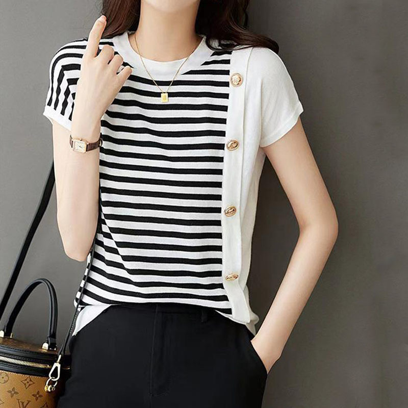 

Women's T-Shirt Female Fashion Button Striped Patchwork Pullovers Top Summer Women Clothing O-Neck Short Sleeve Casual T-shirt 230317, White