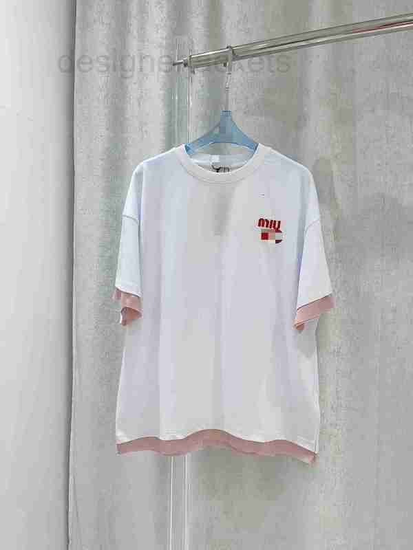 

Women' T-Shirt designer cotton acetate satin fake two-piece design Short sleeve T-shirt fabric Skin-friendly soft patch 3D embroidery CM40, White3