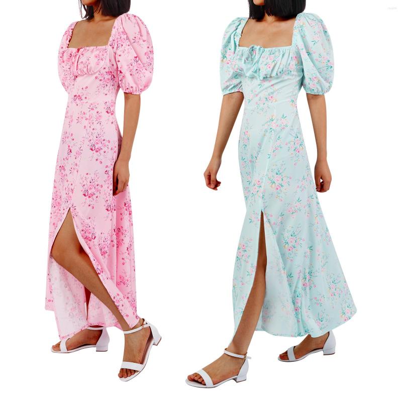 

Party Dresses Women Sexy Dress Short Sleeve Square Neck Ruffle Floral Wrapped Slimming Pleated Side Split Hem Midi, Green
