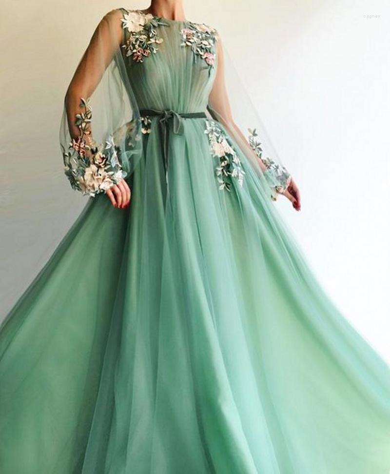 

Party Dresses Illusion Long Sleeve Formal Evening Dress Tulle A-Line Applique Flowers Vestidos De Festa Longo Mint Green Prom, Ivory
