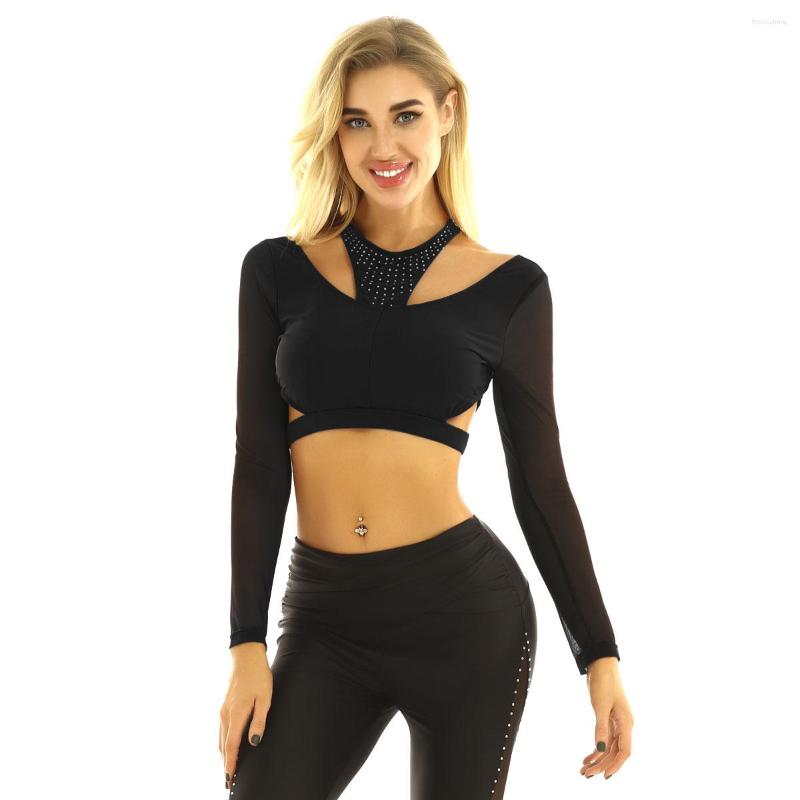 

Stage Wear Women Shiny Rhinestones Long Sleeve Crop Top Adult Performance Dance Costume Workout Ballet Dancewear Gymnastics Tops, Black