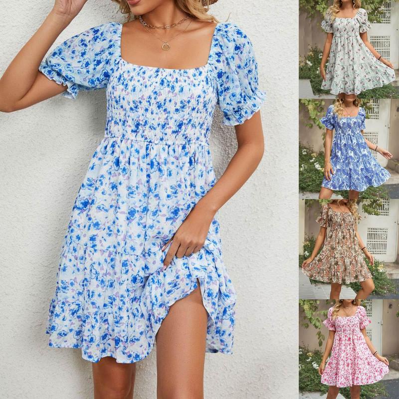 

Casual Dresses Swing For Women Knee Length Womens Fashion Square Neck Puff Sleeve Smocked Chest Off Shoulder Split Dress, Blue