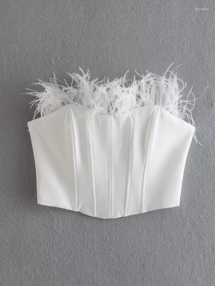 

Women' Tanks YLJHQX 2023 Summer Women Fashion Feather Decoration Solid Color Strapless Top Sexy Sleeveless Female Slim Short Chic, White