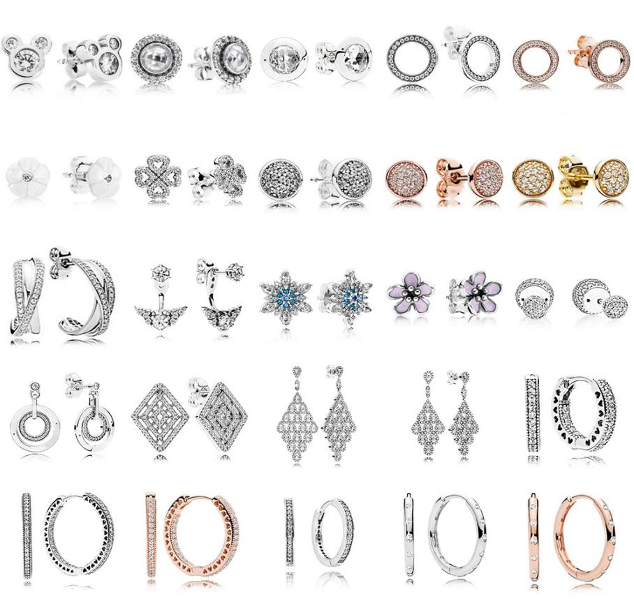 

NEW 100 925 Sterling Silver pandora Earrings Flower type Hollow Ear Studs charm Beads Fit Bracelet DIY Dangler Whole factory1260296