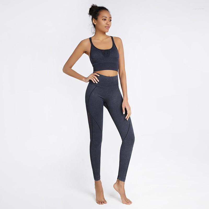 

Active Sets 2 In 1 Set Women' Sports Wear Racerback Crop Top With High Waist Pants Bra Tops Seamless Leggings 4 Colors Available S21161, Black