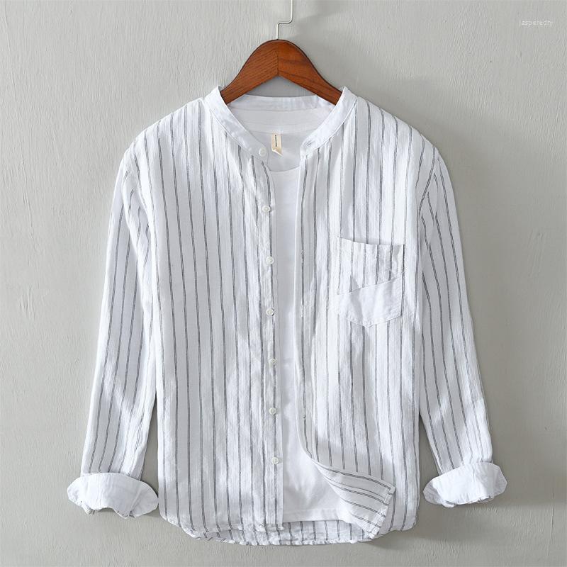 

Men's Dress Shirts 2023 Brand Men's Long-sleeved Shirt Striped Cotton And Linen Casual Stand Collar Loose Formal White Blue