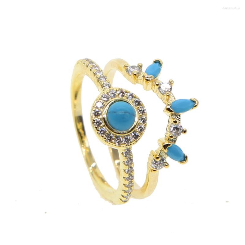 

Wedding Rings Gold Fashion Lovely Jewelry Women Engagement Set Pave White Cz Blue Turquoises Stone Trendy Full Finger Gift Party