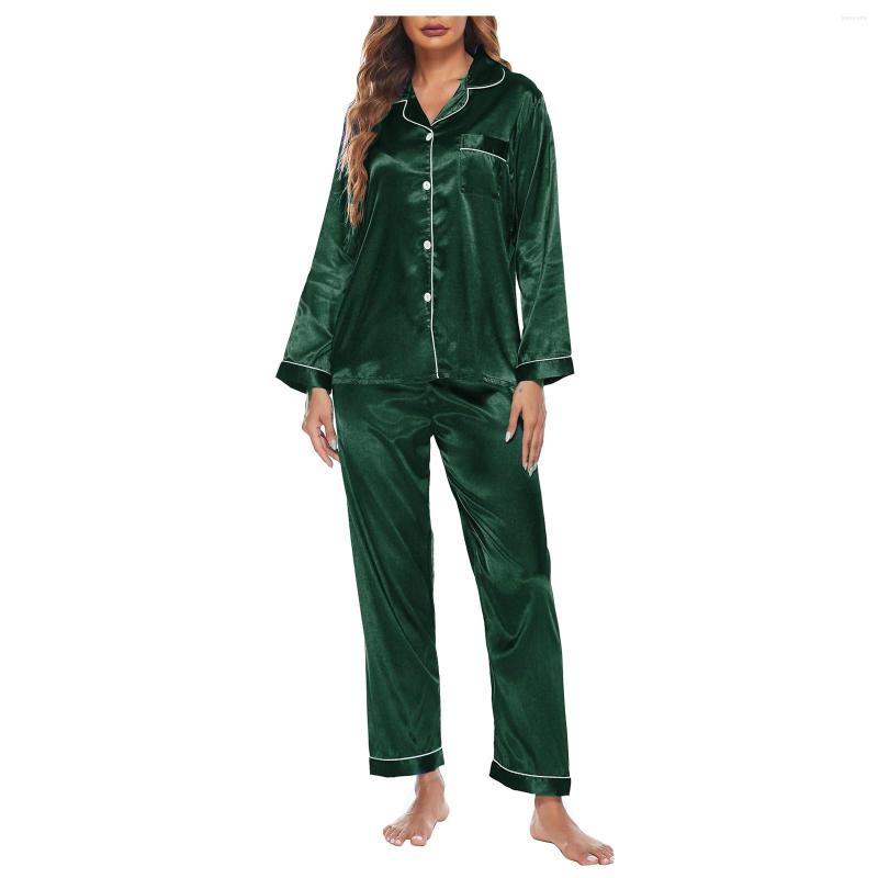 

Women's Sleepwear Fashion Women's Casual Homewear Turn-down Collar Solid Colors Satin Long Sleeve Shirt Tops Pants Pajama Set, Green