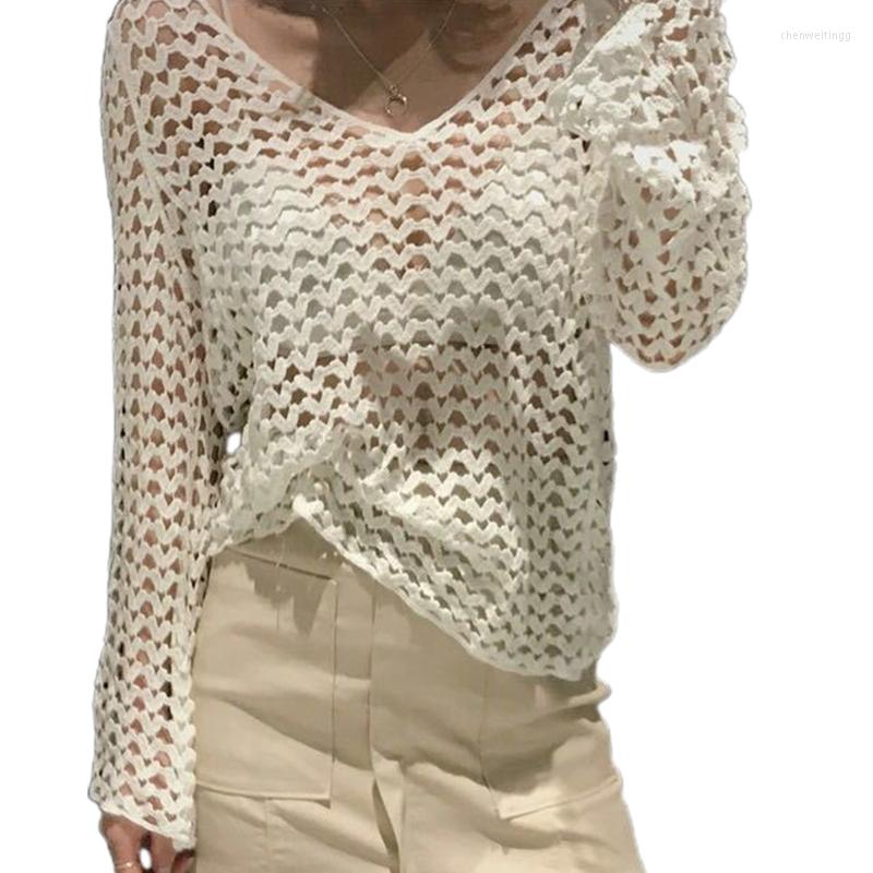 

Women's T Shirts J78E Women Flare Long Sleeve Mesh Shirt Hollow Out Crochet Cover Up Beach Blouse Top, White