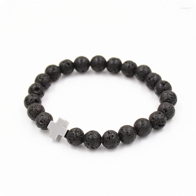 

Strand 2023 Classic Cross Men Bracelet Handmade 8mm Lava Stone Beaded For Fashion Jewelry Gift