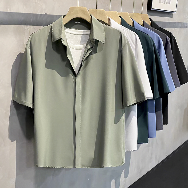 

Mens Casual Shirts Summer Cool Men Shortsleeved Shirt Antiwrinkle Solid Color Fashion office Casual Loose Button Pocket Shirt Male Clothing Top 230316, No pocket black