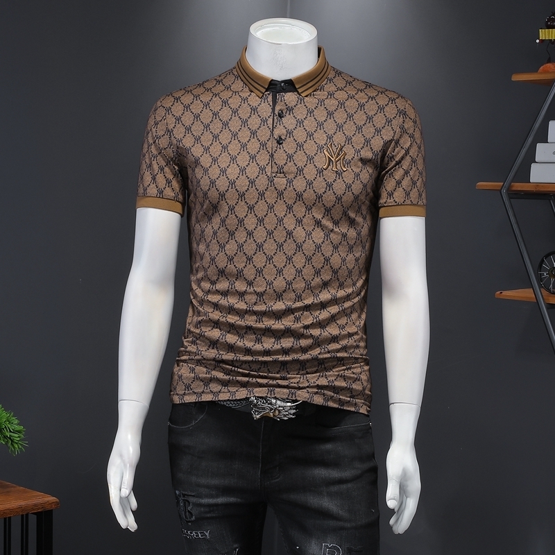 

Men's Polos Lapel Print Fashion Shirt Cotton Short Sleeve Business Slim Fit T-shirt Male Summer Vintage Casual Tops 230317, Black