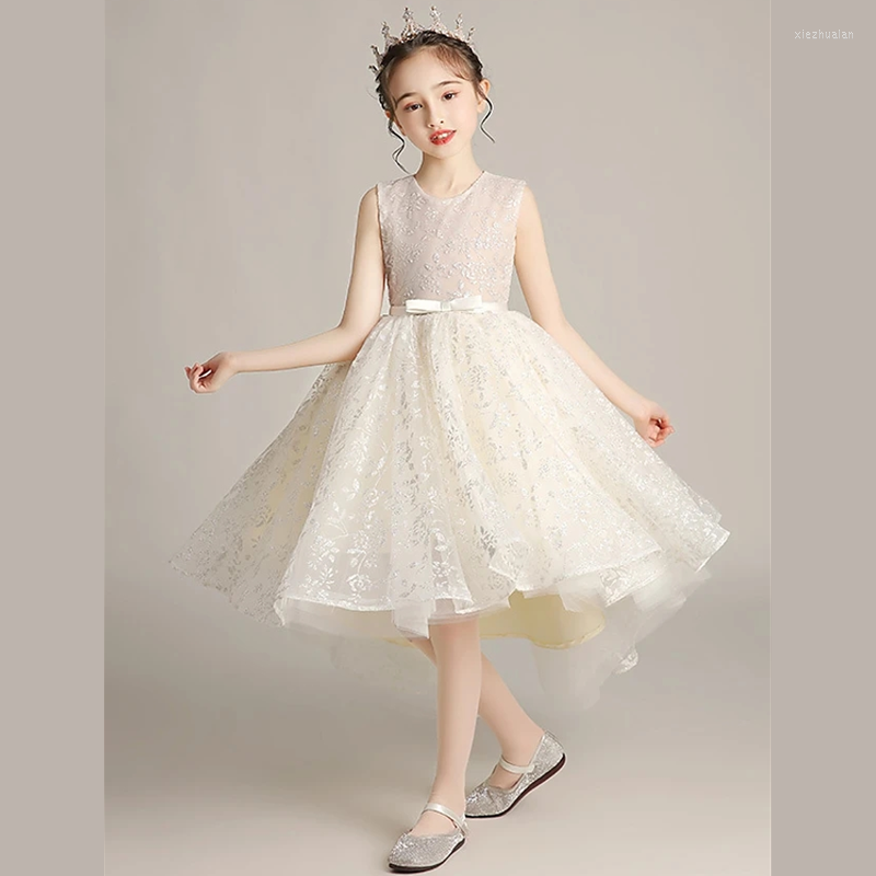 

Girl Dresses Princess Asymmetrical Flower Wedding Lace Sleeveless Jewel Neck With, White