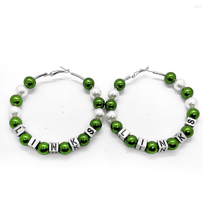 

Dangle Earrings Large Size Personality Black Women Society Sorority LINKS Letter Green And White Pearl