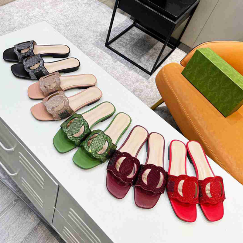 

Classic Hollow slippers Women rhinestone low heel flat shoes Designer fashionable square toe cap Black nude green burgundy red Women sandals