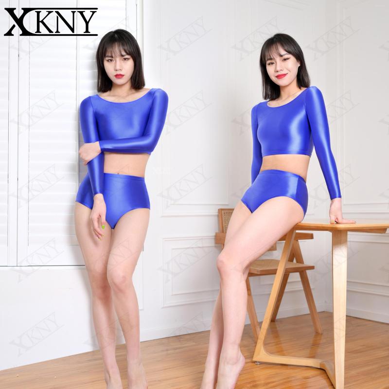 

Women's Swimwear XCKNY Satin Glossy Sexy Long Sleeve Navel Sports Casual Tights Clothes Japan Slim Swimming Spring Smooth Swimsuit, Silvery top