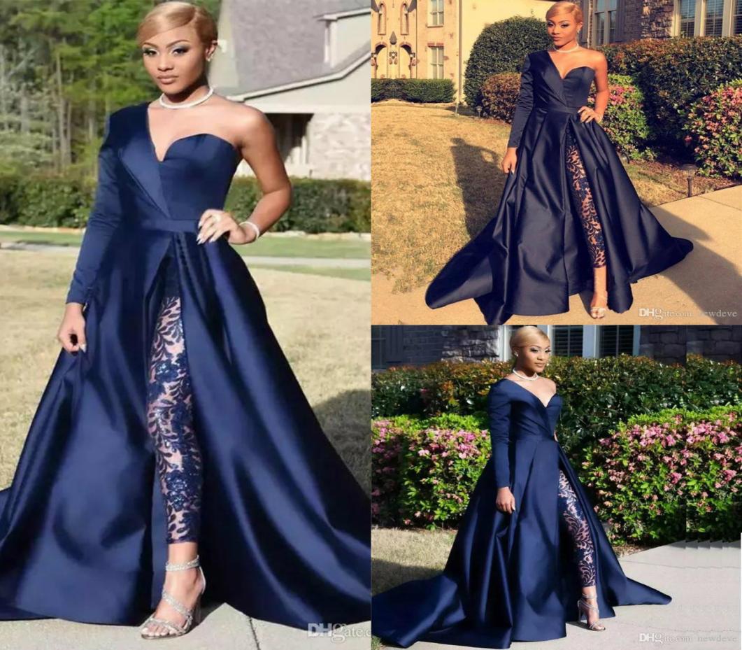 

Elegant Jumpsuits Evening Dresses Pants Suit Dark Navy One Shoulder Long Sleeve Split Prom Gowns ALine Celebrity Party Wear9207789, Purple