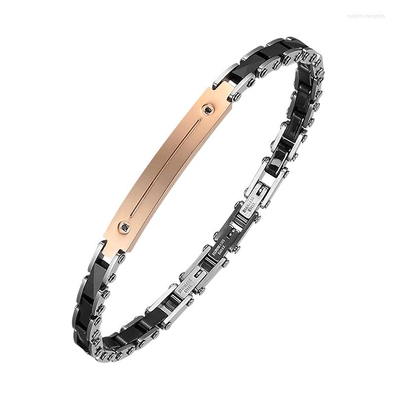 

Charm Bracelets Moocare Simple Fashion Inlaid Black Zircon Rose Gold Stainless Steel Fine Curved Ceramic Bracelet For Men