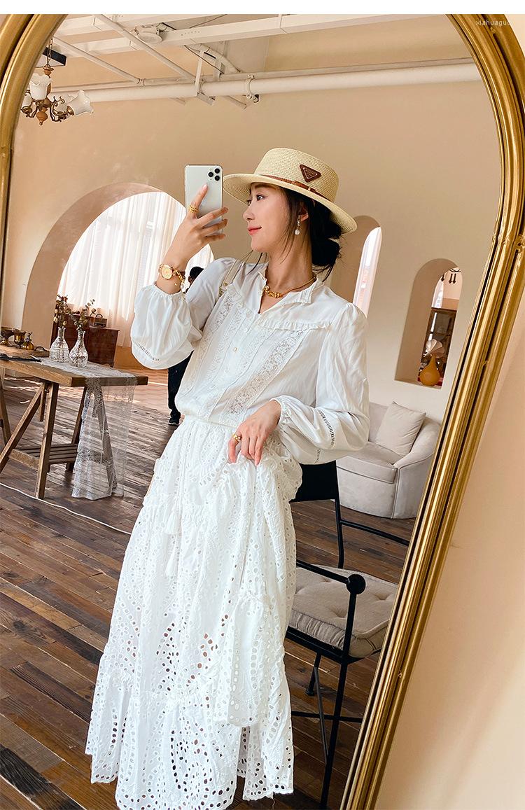 

Women's Blouses White Lace Chic Blouse Shirt Floral Embroidery Elegant Spring Women Long Sleeve Button Front Ladies Top, Skirt