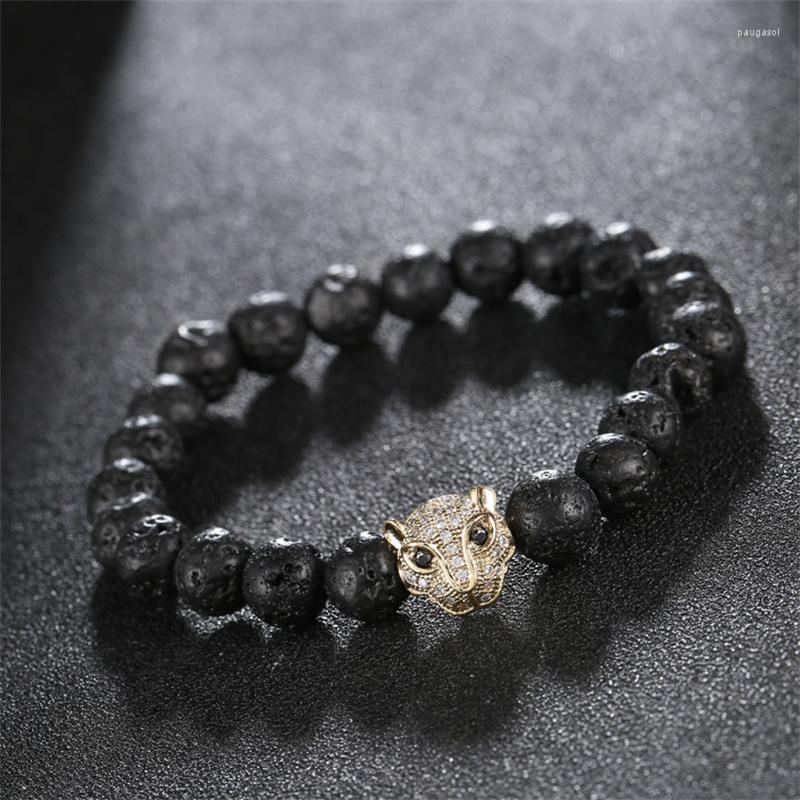 

Strand 2023 Fashion Leopard Head Men Bracelet Luxury Pave Cubic Zirconia Lava Stone Bead For Jewelry Gift