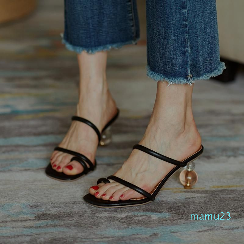 

Slippers 2023 Fashion Women Shoes Pointed Toe Genuine Leather 6.5 Cm Heels Sandals Style Woman, Black