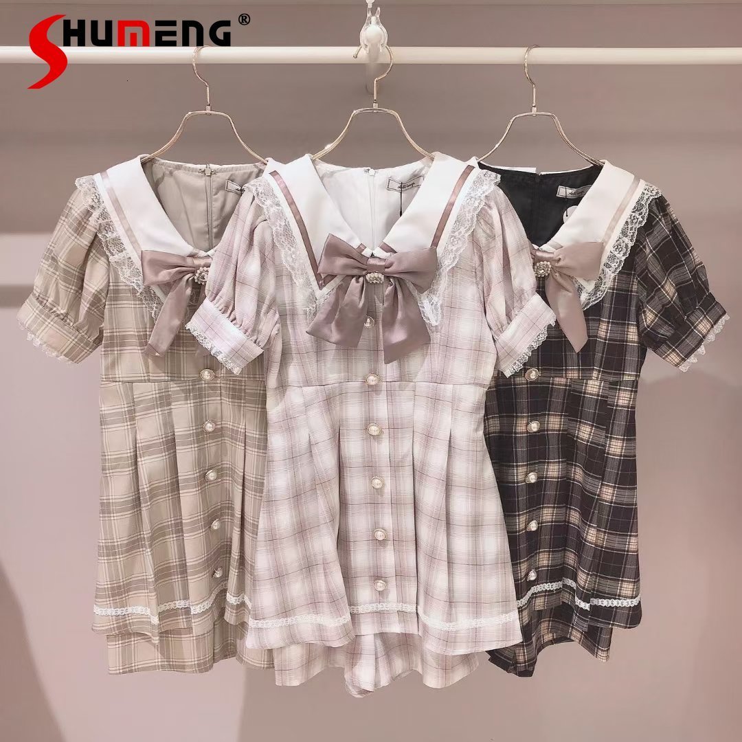 

Womens Two Piece Pants Japanese Style Bow Sailor Collar Short Sleeve Midlength Blouse and Shorts Pieces Set Summer Outfits for 230317, Black