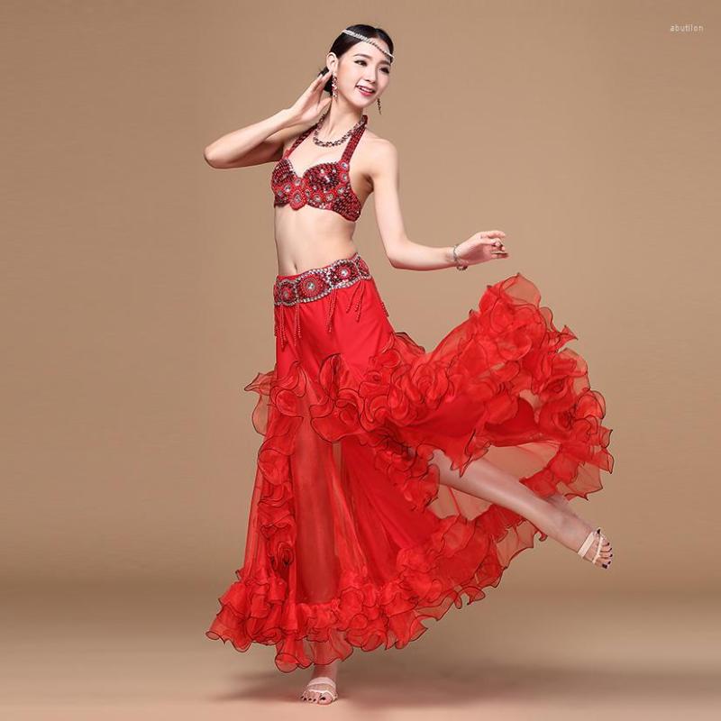 

Stage Wear 2023 Arrivals Professional Oriental Belly Dancing Clothes Sexy Outfit Bead Bra Belt And Skirt Dance Costume 3pcs, Red 3pcs