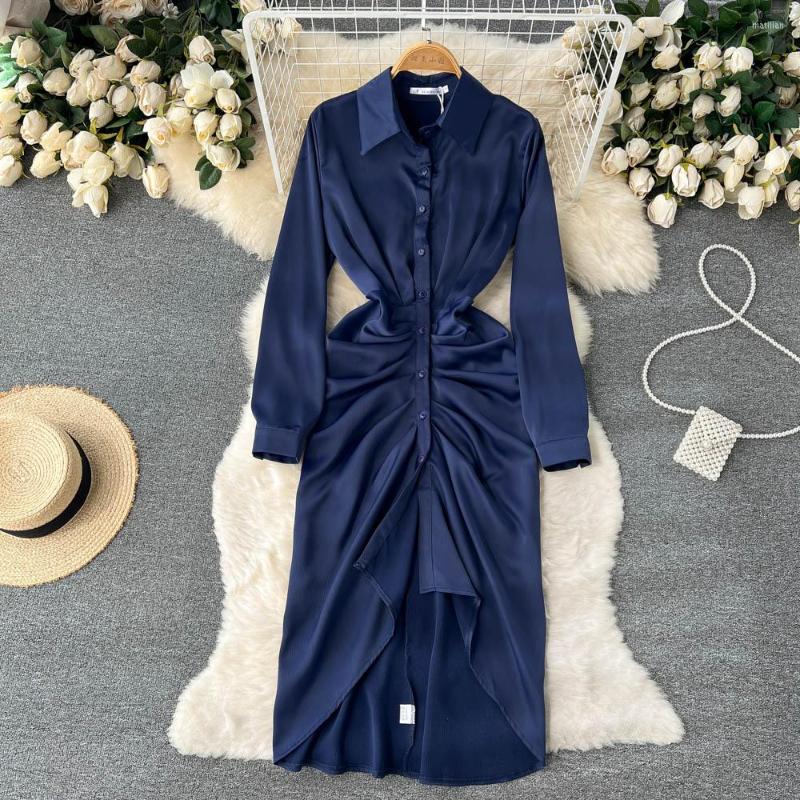 

Casual Dresses Elegant Shirt Dress Women Long Sleeve Solid Blue For Turn-Down Collar V-Neck High Waist Pleated