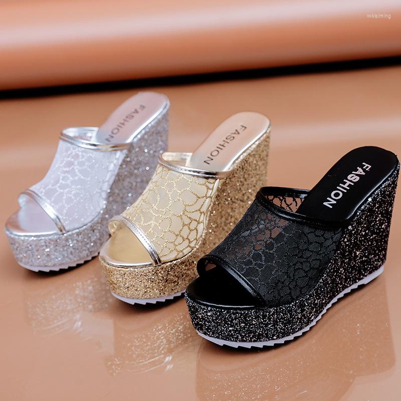 

Slippers Bling Golden Women Summer Shoes Platform(4cm) Outside Fitting-room 11cm High Heels Wedges Solid Mesh Female Slides, Black