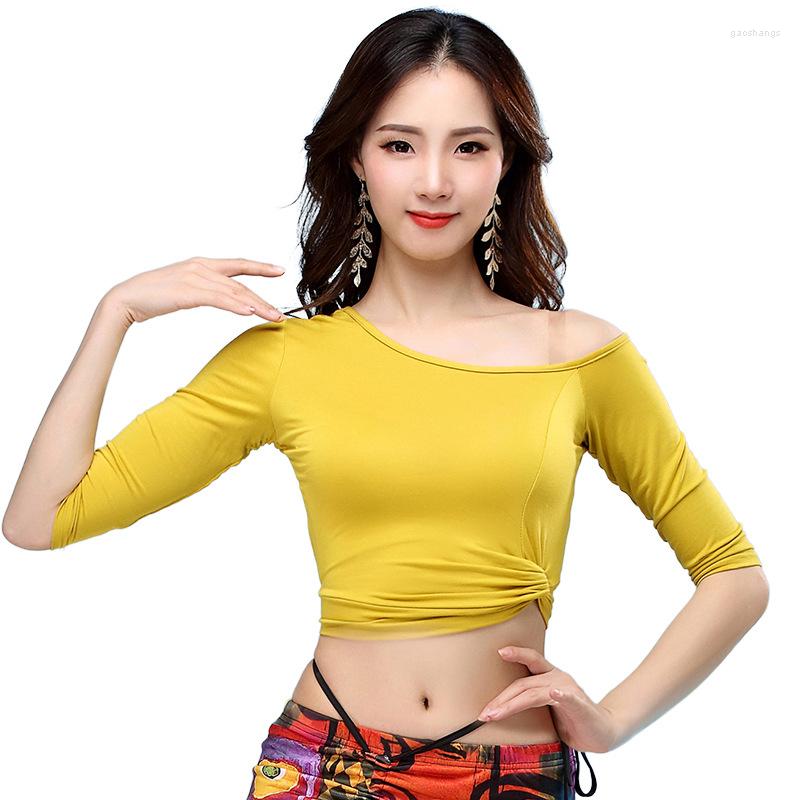 

Stage Wear Dance Women Belly Clothes Irregular Tops Off Shoulder Neck Half Sleeves Modal Top For Bellydance, Black