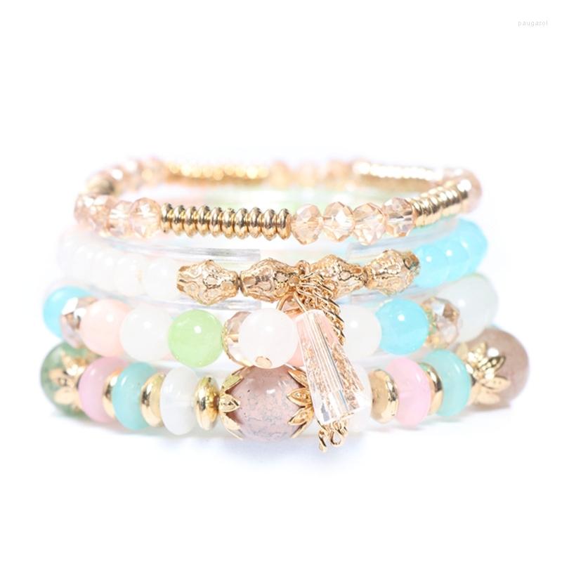 

Charm Bracelets Bohemian Elastic Layered Beaded Adjustable Stackable Bracelet Imitation Agate Tassel Crystal Glass
