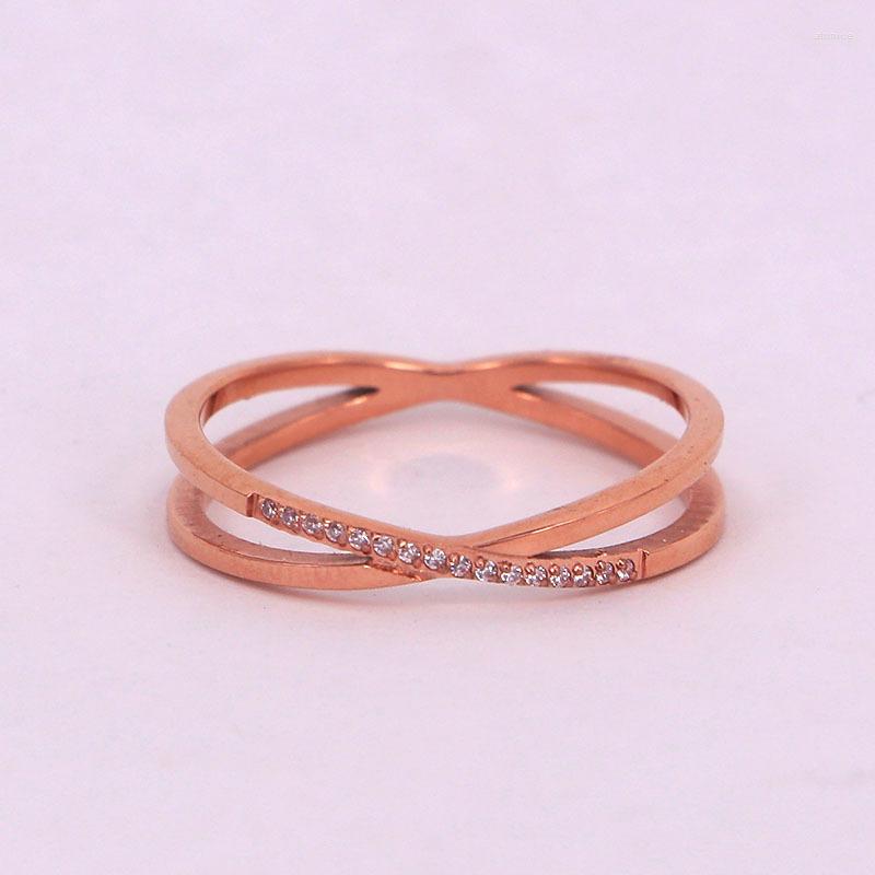 

Wedding Rings Rose Gold Color Stainless Steel Double-deck Crystal Hollow X Cross Finger Ring Engagement Woman Party Gift