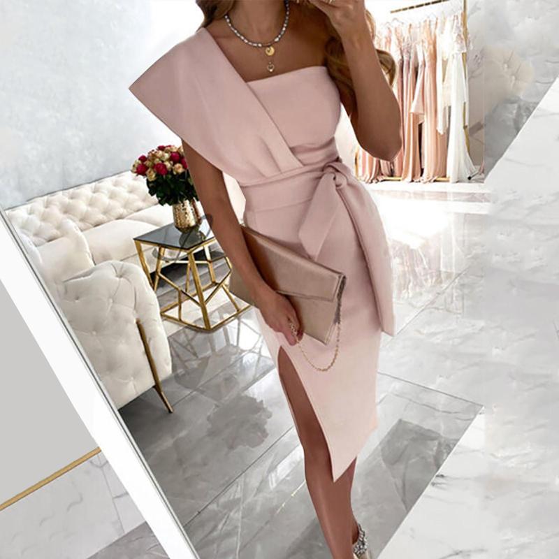 

Casual Dresses Women's Summer Sexy Dress Solid One Shoulder Ruffle Bodycon Midi Cocktail For Women Robe Femme, Beige