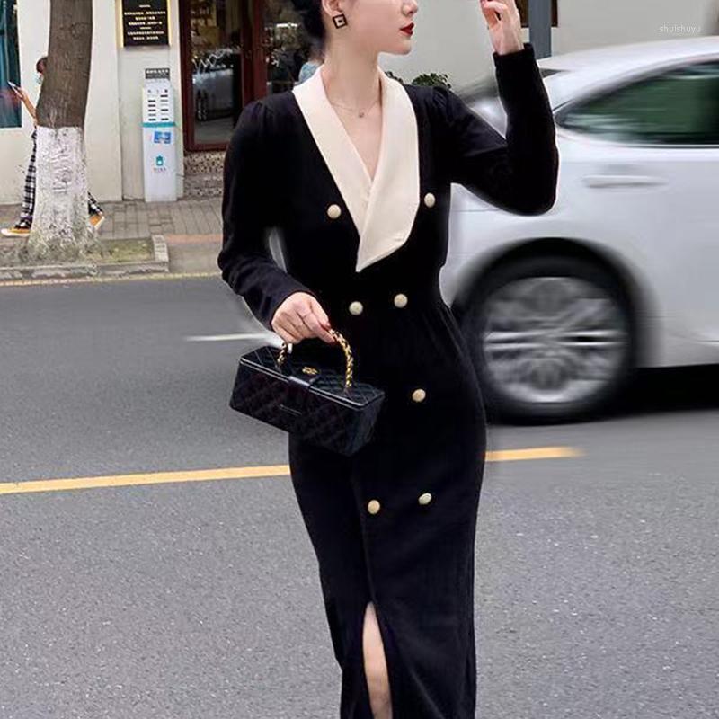 

Casual Dresses Autumn Winter V-neck Elegant Fashion Waist Temperament Sweater Dress Office Lady Buttons Slit Knitted Bodycon Vestidos, Black