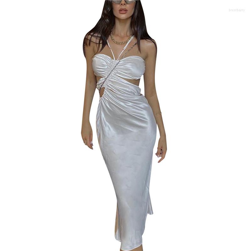 

Casual Dresses Sexy Backless Ruched Midi Women Strap Sleeveless Party Clubwear Solid Skinny Bodycon Dress 2023, Black