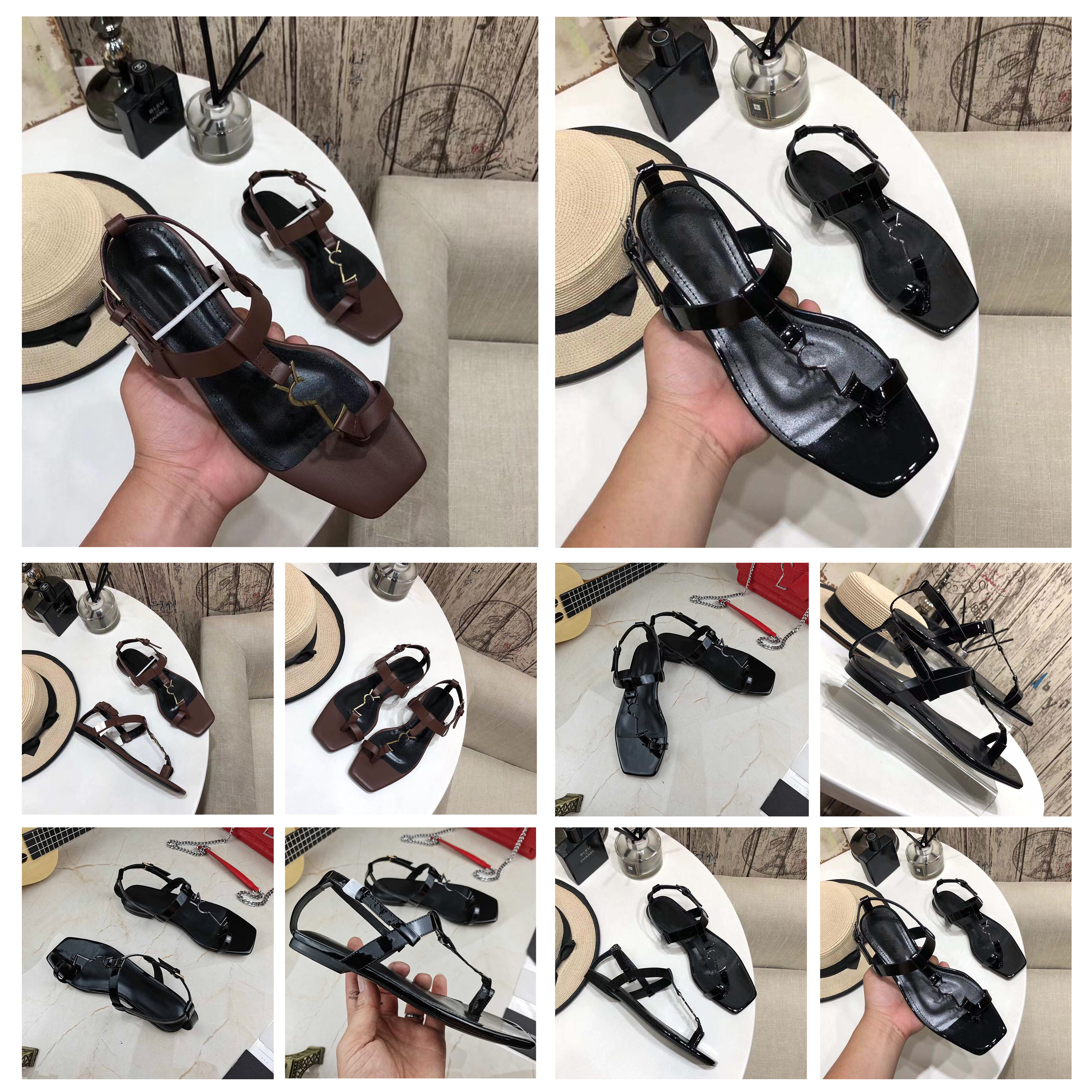 

Cassandra Sandal branded Flat sandals strip Black Patent Leather Women dress shoes Tribute metal buckle women wedding party shoes beach flip flops Size 35-43