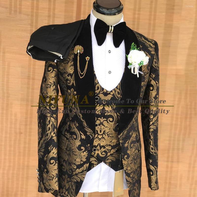 

Men's Suits 2023 Luxury Black Floral Jacquard Men For Wedding 3 Piece Slim Fit Groom Tuxedo Male Fashion Costume Jacket Vest Pants Set