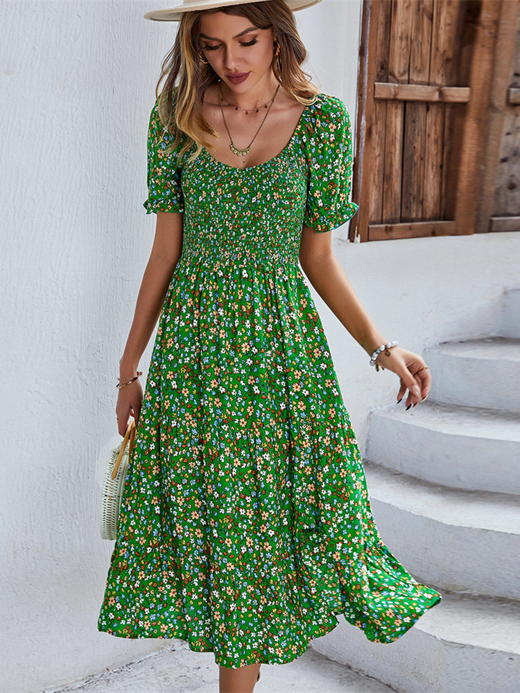 

Casual Dresses Ladies Sexy Vintage Floral Print Boho Summer Dress Women Casual Elastic Bohemian Beach Dress Women Sundress Robe Vestidos Female 230316, Green